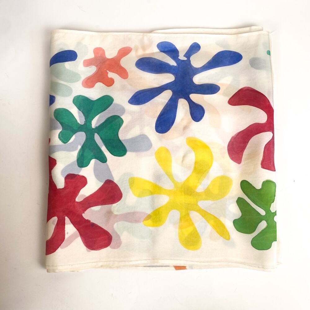 Block Print Long Scarf Silk Cream and Rainbow Color Rectangular Scarf
